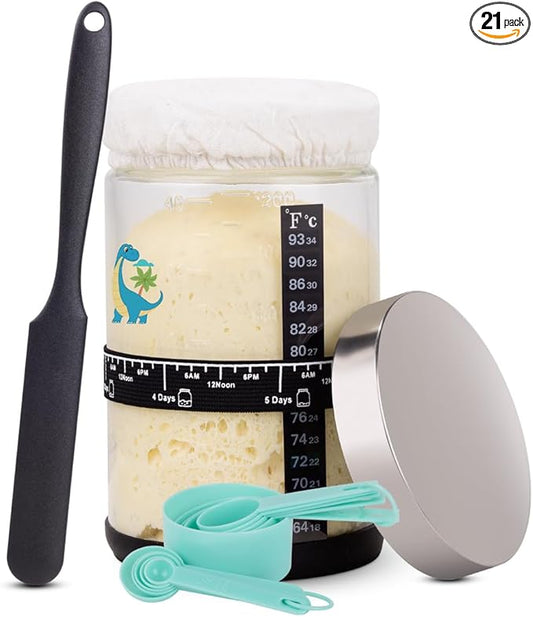 40oz Large Sourdough Starter Jar Glass Kit Wide Mouth with Black Silicone Spatula, Aluminum Lid, Cloth Cover, Date Marked Band, Thermometer (#1p 40oz with Black)