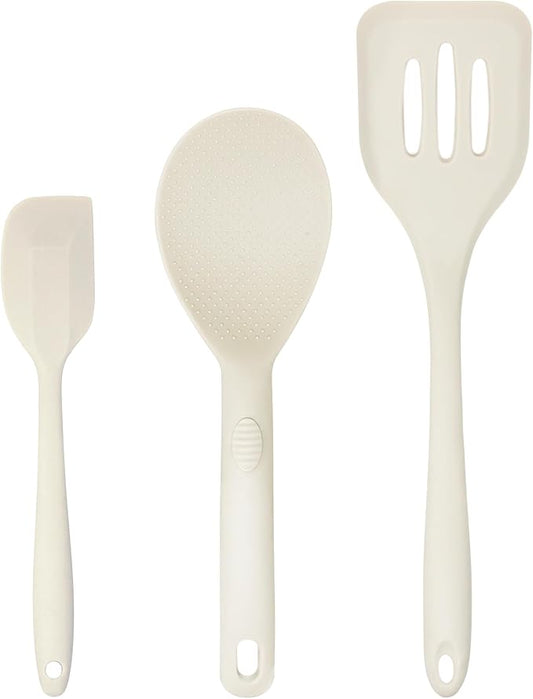 Silicone Utensils 3-Piece Set ??Rubber Spatula, Slotted Turner, and Rice Paddle ??Complete Heat-Resistant Set for Non-Stick Cookware ??Kitchen Tools and Accessories for Cooking & Baking ??Cream