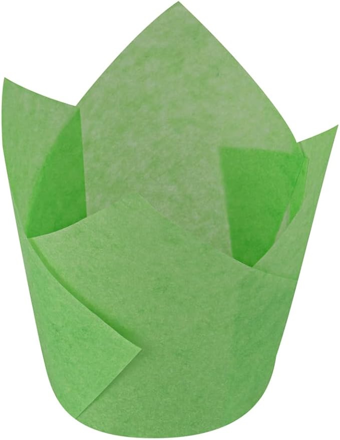 Restaurantware Panificio Premium 4 oz Green Paper Tulip Baking Cup: Paper Baking Cups Perfect for Muffins Cupcakes or Mini Snacks - Greaseproof - Disposable and Recyclable - 200ct Box