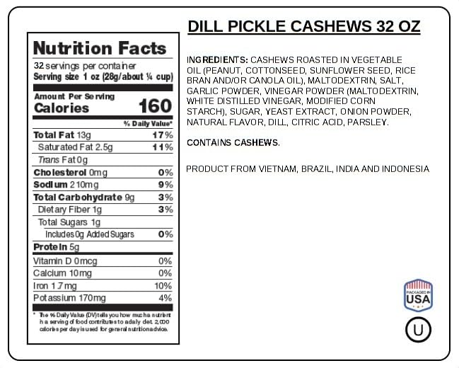 Dill Pickle Cashews 2 Pounds Resealable Pouch | Gourmet Roasted Cashews ??Tangy, Savory, and Crunchy Snack ??High-Protein, Vegan Friendly ??Perfect for Snacking, Gifting, and Meal Prep | Jaybee's Nuts