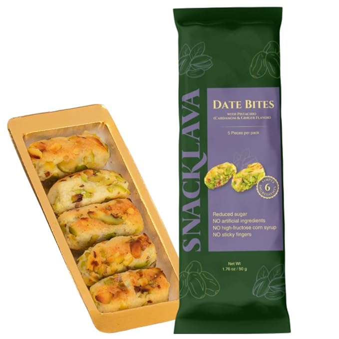 Snacklava Pistachio Date Bites with Cardamom - 20 Pack (3 Pieces per Pack) - Pistachio and Date Filled Maamoul Shortbread Cookies - No Artificial Ingredients, Colors or Preservatives