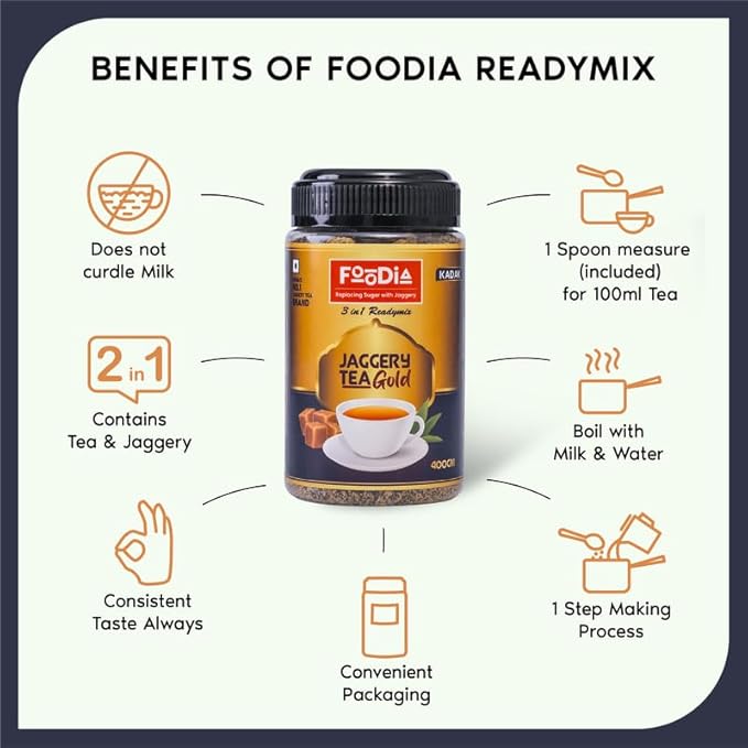 FOODIA Jaggery Kadak GOLD Tea | 3 in 1 Premium Readymix with Jaggery & Strong Tea Powder | 400gm