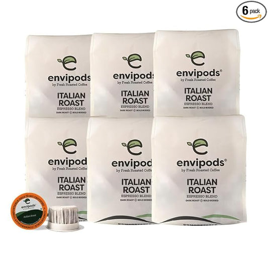 Fresh Roasted Coffee, Italian Roast Compostable envipods, Dark Roast, Kosher, 72 Count,for Keurig K Cup Brewers | Not for use in Ninja or Hamilton Beach Brewers