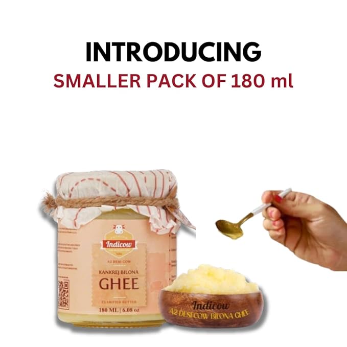 Indicow A2 Desi Cow Ghee, Clarified Butter 180ml | Grass Fed Cows | (180ml (6.08oz), A2 Kankrej Cow Ghee) | Keto and Paleo Friendly| a2 ghee organic grass fed