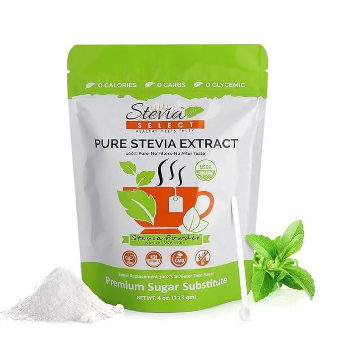 Stevia Select Organic Stevia Powder - Sugar Free Plant Based Stevia Sweetener Non GMO Pure Stevia Extract - Sugar Substitute No Fillers Zero Calorie 4 Oz