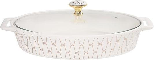 insongdafa 11" x 7.5" Ceramic Oval Casserole Dish with Glass Lid, 1.3 QT Serving Soup Tureen,Chafing Dish for Buffet, Family Food preserve Tray, Catering Casserole for Party Style