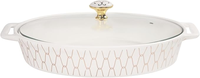 12" x 8" Ceramic Oval Casserole Dish with Glass Lid, 1.7 QT Serving Soup Tureen,Chafing Dish for Buffet, Family Food preserve Tray, Catering Casserole for Party Style