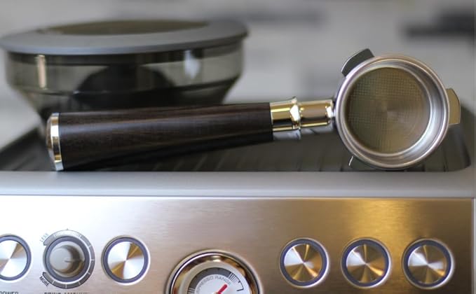 54mm Bottomless Portafilter 3 Ears Black Rosewood Handle Set??Fits Breville Barista Express, Bambino, Impress, Duo Temp Pro and Infuser ??Includes 18g Filter Basket & 1.7mm Puck Screen