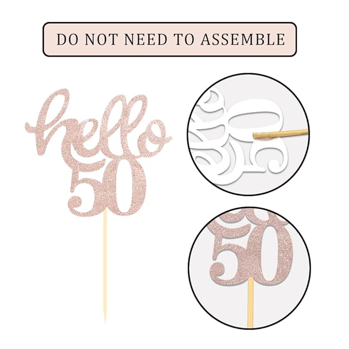 24 Pcs Rose Gold Glitter 50th Birthday Cupcake Toppers for 50th Birthday Celebrating Party Decorations