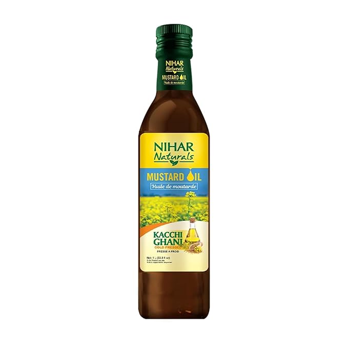 Nihar Naturals Kacchi Ghani Mustard Oil| Cold Pressed| 100% Pure Mustard Oil| For Skin, Hair Care & Body Massage| Enriched with Omega 3 & Natural Anti-Oxidants| 33.8 Fl.oz.