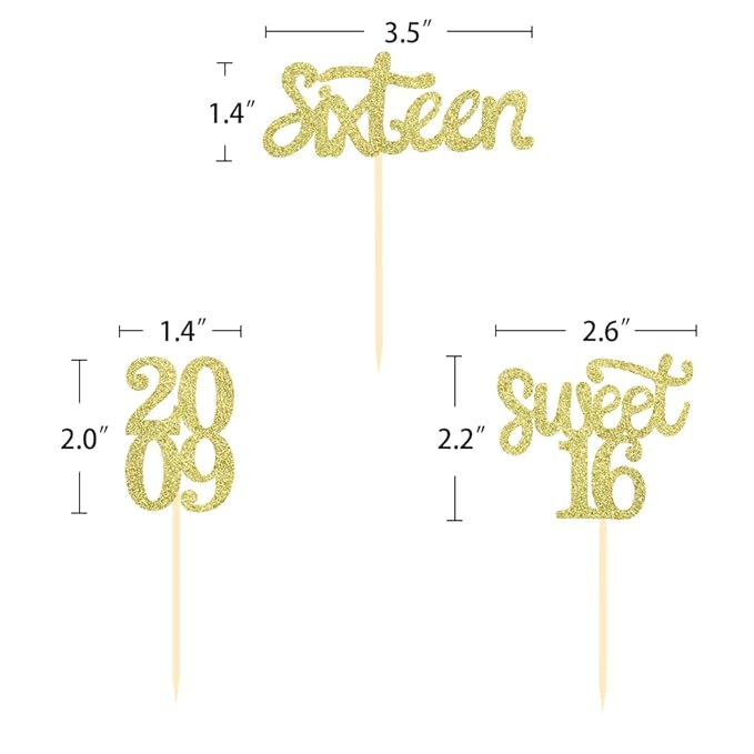 24 Pcs Sweet 16 Gold Glitter Birthday Cupcake Toppers for 16th Birthday Celebrating Party Decorations (Gold)