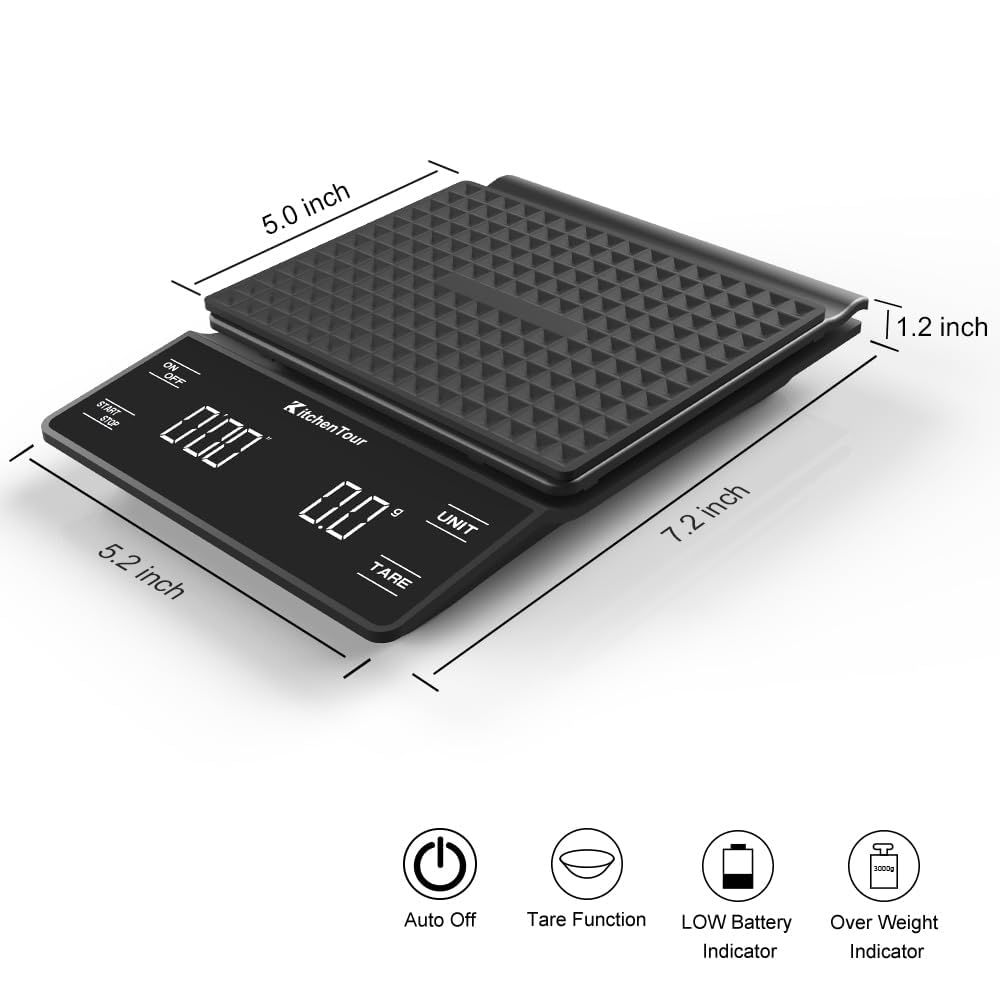 KitchenTour Coffee Scale with Timer 3kg/0.1g High Precision Pour Over Drip Espresso Scale with