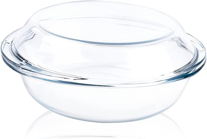 Round Glass Casserole Dish with Glass Lid, Nesting Glass Baking Dish, Heat, Cold and Shock Proof, Oven, Freezer and Dishwasher Safe (1.8L)