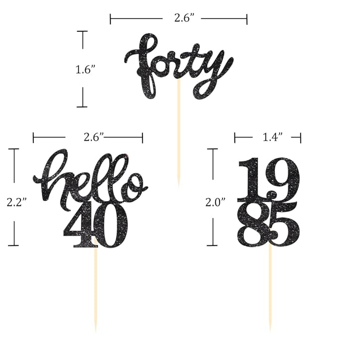 Black Glitter 40th Birthday Cupcake Toppers 40th Birthday Celebrating Party Decorations - Set of 24