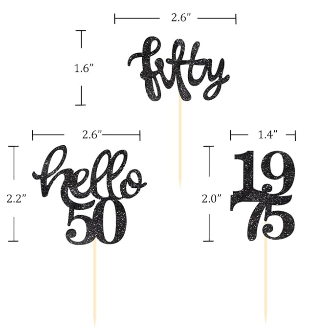 24 Pcs Black Glitter 50th Birthday Cupcake Toppers for 50th Birthday Celebrating Party Decorations