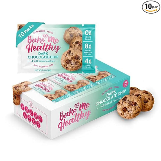 Bake Me Healthy Gluten-Free Cookies - Dark Chocolate Chip Cookies, 10 Snack Packs - Peanut Free, Gluten Free, Egg Free, Dairy Free, Top 9 Allergen-Friendly