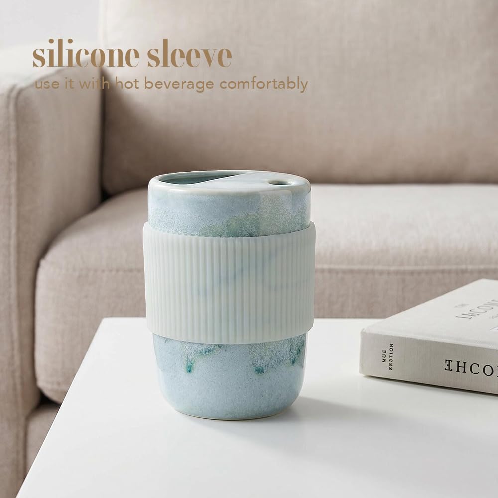 Handmade Ceramic Coffee Mug with Half Lid, 17oz Unique Tea Coffee Cup with Sip-top Lid, Sea Foam
