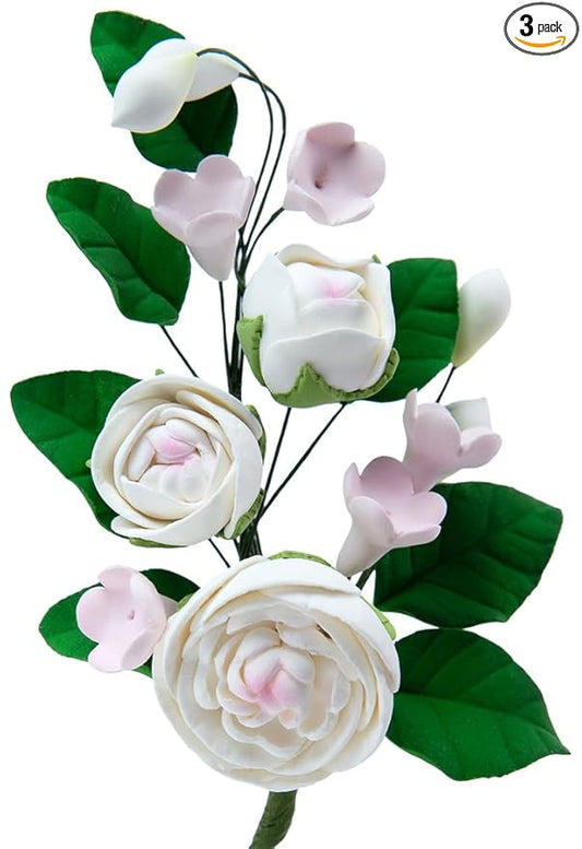O'Creme Gumpaste Flower Spray, Mini White-&-Pink English Rose 5.5 x 4 - Edible Flowers for Cake Decorating - Sugar Paste Flowers for Cakes, Cupcake Toppers - Birthday, Wedding, Valentines - Set of 3