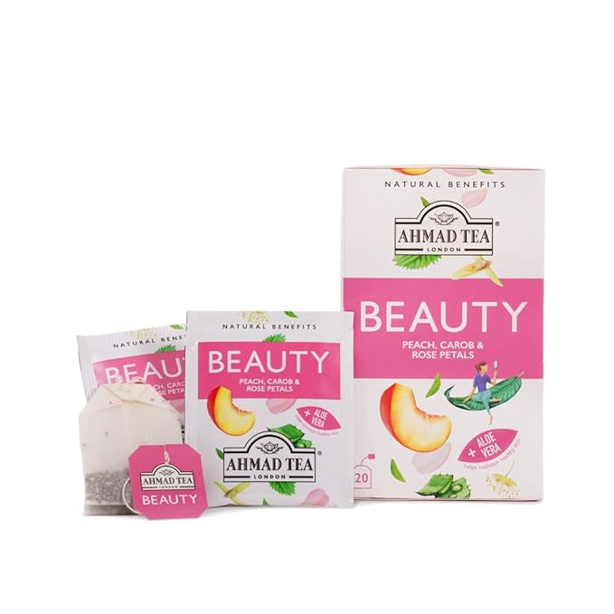 Ahmad Tea Herbal Tea, Peach, Carob, and Rose Petals 'Beauty' Natural Benefits Teabags, 20 ct (Pack of 1) - Decaffeinated & Sugar-Free
