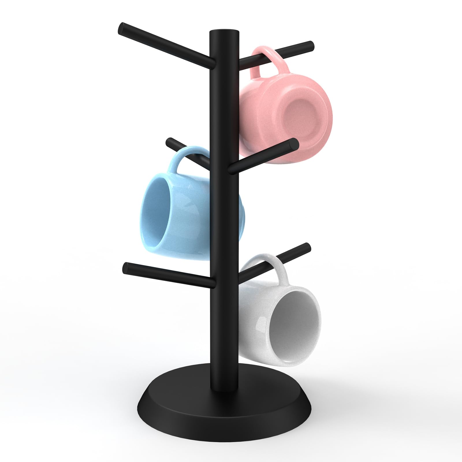KETWOD Black Coffee Mug Holder, Non-Slip Cup Tree With 6 Hooks for Counter, Rack (Black)