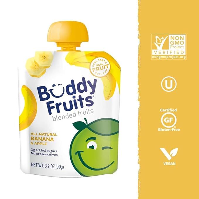 Buddy Fruits Snacks To Go Banana Unsweetened Applesauce 3.2oz Pouch (18pk) Gluten-Nut-Dairy-Preservatives-BPA Free, Non GMO, Kosher