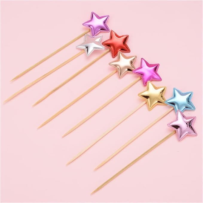 50Pcs Cupcake Toppers Heart Star and Crown Cupcake Picks Mini Cake Toppers Colorful Cake Decoration DIY Dessert Fruits Food Picks Party Decorative Accessories for Birthday Wedding Baby Shower (Star)