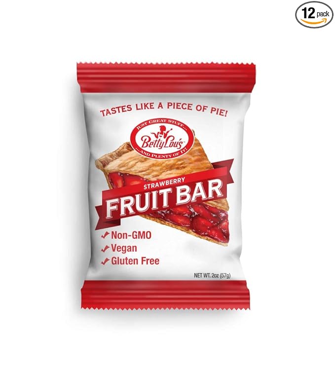 Betty Lou's Fruit Bars, Strawberry Pack of 12, Gluten Free, Vegan, Non GMO, Deliciously Healthy Snacks Made with All Natural Fruit Juice, Individually Wrapped, 2 oz. Each, 12 Bars