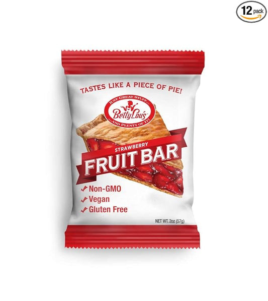 Betty Lou's Fruit Bars, Strawberry Pack of 12, Gluten Free, Vegan, Non GMO, Deliciously Healthy Snacks Made with All Natural Fruit Juice, Individually Wrapped, 2 oz. Each, 12 Bars