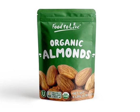 Food to Live - Organic Imported Raw Almonds, 4 Pounds Non-GMO, Whole, Raw, No Shell, Unpasteurized, Unsalted, Vegan, Kosher, Bulk.