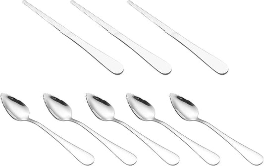 5Pcs Grapefruit Spoons and 3 Pcs Knives Set, Stainless Steel Grapefruit Utensils with Serrated Edge for Easy Cutting & Scooping, Rust-Proof Kitchen Tool for Avocado, Oranges and Melons