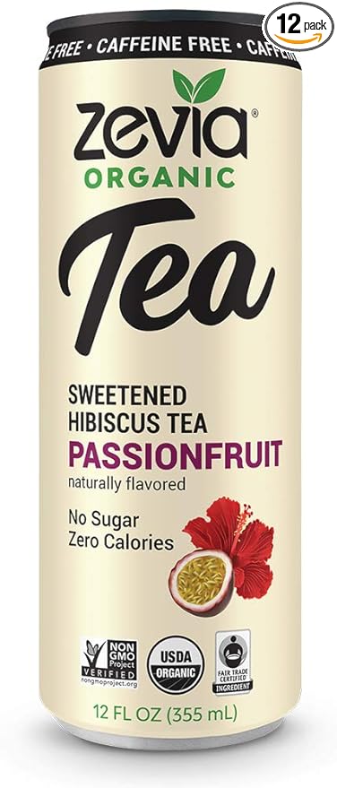 Zevia Zero Sugar Tea, Hibiscus Tea with Passionfruit Caffeine Free, 12 oz Cans (12-Pack) – Naturally Sweetened, Zero Calorie Sugar Free - Non-GMO Project Verified, Gluten-Free, Vegan