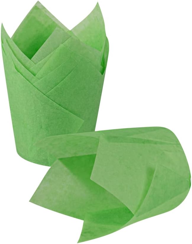 Restaurantware Panificio Premium 4 oz Green Paper Tulip Baking Cup: Paper Baking Cups Perfect for Muffins Cupcakes or Mini Snacks - Greaseproof - Disposable and Recyclable - 200ct Box