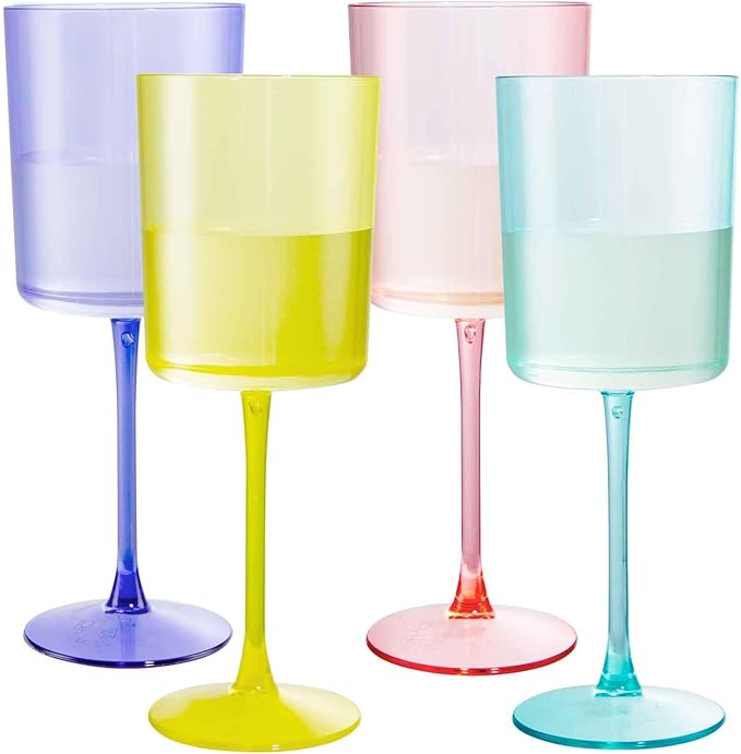 Ciaell 4 Pack Plastic Wine Glasses - 10 Oz Plastic Wine Glasses with Stem - Disposable Wine Glasses Perfect for Parties & Weddings & Poolside & Outdoors & Camping(Pink Green Purple Yellow)