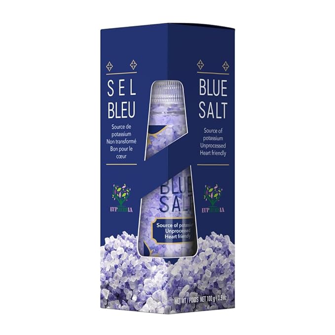 EUPHERBIA Blue Salt, Coarse, Rare Mineral Salt, High Potassium, Lower Sodium, Natural, Unprocessed, Hand Harvested, Kosher Certified, 100g (3.5 Oz)
