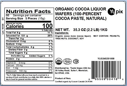 Yupik Organic Cocoa Liquor Wafers, 100% Cocoa, 2.2 lb (35.2 oz), Gluten-Free, GMO-Free, Kosher, Vegan, Dairy-Free, No Sugar Added, Made with Pure Cacao, Melts Smoothly, For Baking, Molding & Coating
