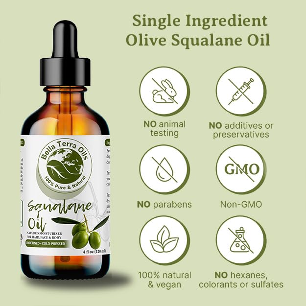 Bella Terra Oils - Organic Squalane Oil 16 oz - Pure Organic Squalanes Extract, Enriched with E-Vitamins & Omega Fatty Acids, Elevate Your Skin Care Regimen