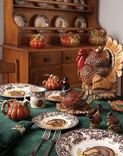 Spode Woodland Cranberry Dish with Slotted Spoon - Featuring Turkey Motif & British Flower Border, Fine Earthenware for Serving Cranberry Sauce, Chutneys, Vegetables - Oven, Microwave, Dishwasher safe