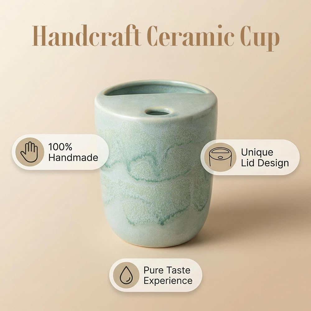 Handmade Ceramic Coffee Mug with Half Lid, 17oz Unique Tea Coffee Cup with Sip-top Lid, Sea Foam