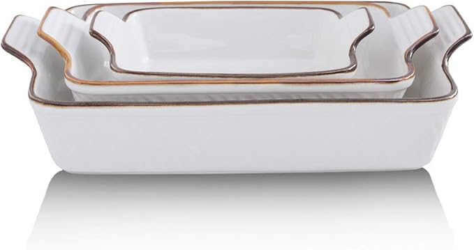 KOOV Bakeware Set, Ceramic Baking Dish Set, Rectangular Casserole Dish Set, Lasagna Pans for Cooking, Cake Dinner, Kitchen, 9 x 13 Inches, Texture Series 3-Piece (White)