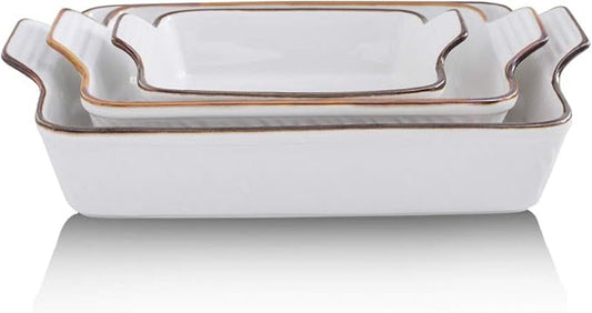 KOOV Bakeware Set, Ceramic Baking Dish Set, Rectangular Casserole Dish Set, Lasagna Pans for Cooking, Cake Dinner, Kitchen, 9 x 13 Inches, Texture Series 3-Piece (White)