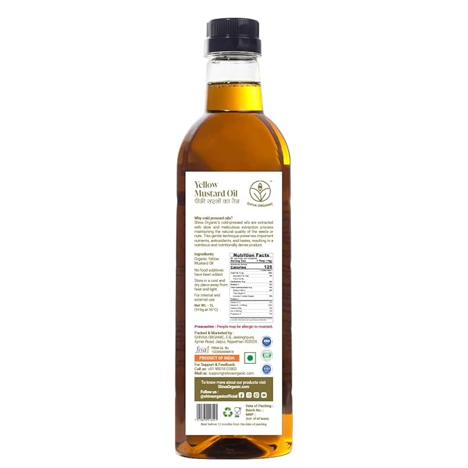 Shiva Organic Cold-Pressed Yellow Mustard Oil - 100% Natural, Certified Organic - 1L (33.8 fl oz) for Cooking, Massage, and Hair Care
