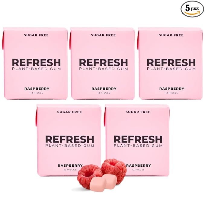 Refresh Gum Fruit Variety Pack – Xylitol, Sugar Free Chewing Gum, Natural Flavor & Organic Ingredients – Long Lasting, Plant-Based, Non-GMO – 12 Pieces, 5 Pack (12 Count (Pack of 5), Raspberry)