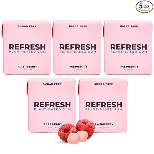 Refresh Gum Fruit Variety Pack – Xylitol, Sugar Free Chewing Gum, Natural Flavor & Organic Ingredients – Long Lasting, Plant-Based, Non-GMO – 12 Pieces, 5 Pack (12 Count (Pack of 5), Raspberry)