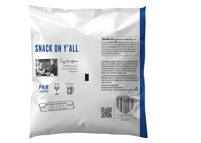 Mama Geraldine's - Aged Cheddar Cheese Straws - 1 Ounce Bag, 24 Pack - Crisps, Chips, Gourmet Baked Snacks, Bite Sized Cheese Straw Snacks for Appetizer