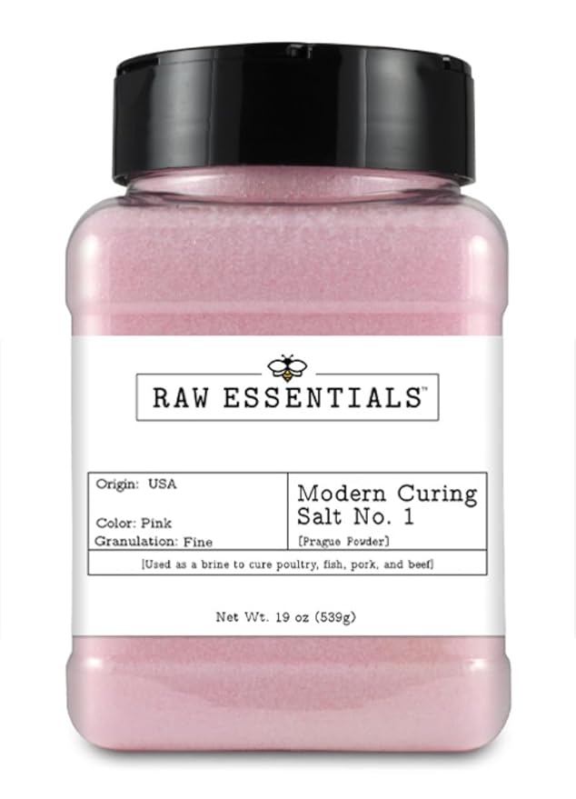 Raw Essentials Curing Salt No. 1 ??6.25% Sodium Nitrite for Curing Meats ??Ideal for Bacon, Sausage, Jerky, Ham, and Corned Beef ??Great for Brining & Pickling ??Vegan ??19 Ounce Bottle