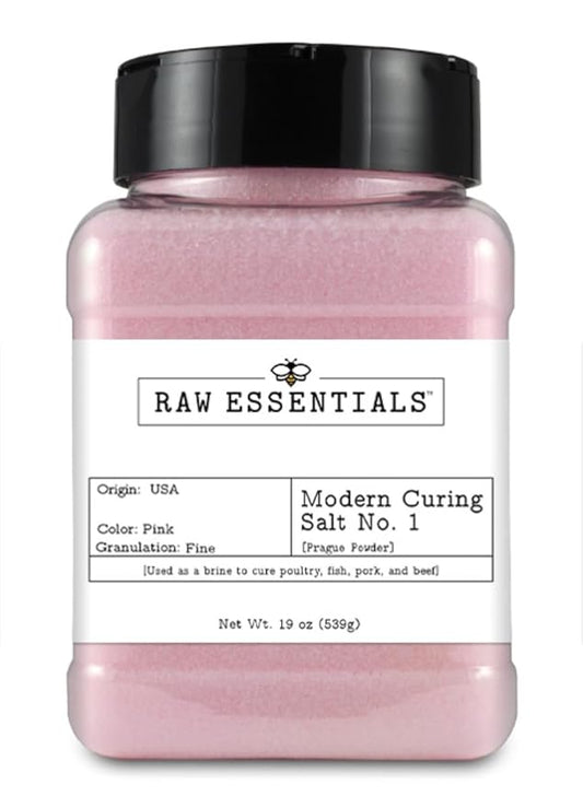 Raw Essentials Curing Salt No. 1 ??6.25% Sodium Nitrite for Curing Meats ??Ideal for Bacon, Sausage, Jerky, Ham, and Corned Beef ??Great for Brining & Pickling ??Vegan ??19 Ounce Bottle