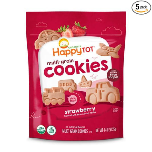 Happy Tot Organic Multi-Grain Cookies Toddler Snack, Fun Transportation Shapes, Strawberry, 4.4 Ounce (Pack of 5)