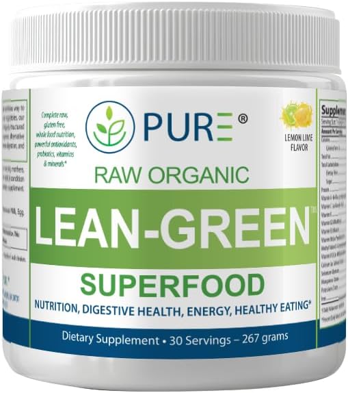 PURE Greens Superfood Raw Organic Drink Mix, Lemon Lime Flavor, Spirulina, Chlorella, 30 Servings, 8.9g per Serving, 1-Month Supply Premium Wellness Supplement