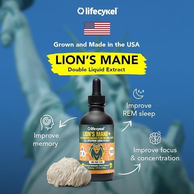 Lifecykel - Lion's Mane Mushroom Extract with Kakadu Plum - Brain Booster Nootropic for Memory, Focus & REM Sleep - Non-GMO, Organic Mushroom Tincture - 4 Fl Oz (60 Servings)