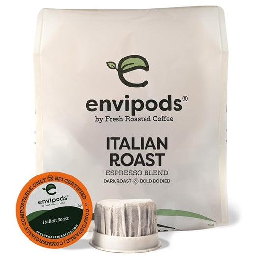 Fresh Roasted Coffee, Italian Roast Compostable envipods, Dark Roast, Kosher, 12 Count,for Keurig K Cup Brewers | Not for use in Ninja or Hamilton Beach Brewers